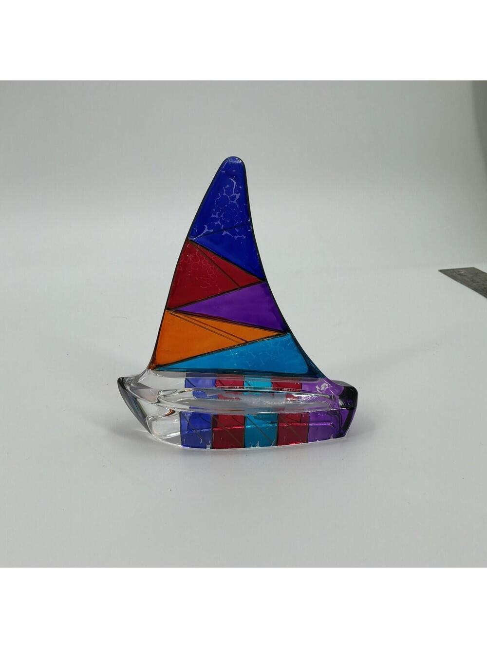 Vintage Murano Glass Sailboat Italy Hand Painted Art Glass Decor Coastal